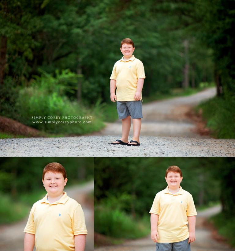 Newnan children's photographer, child in yellow outside on country road