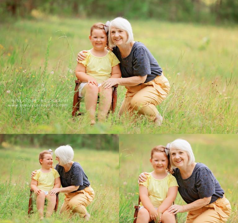 Villa Rica family photographer, grandma and granddaughter outside in summer field