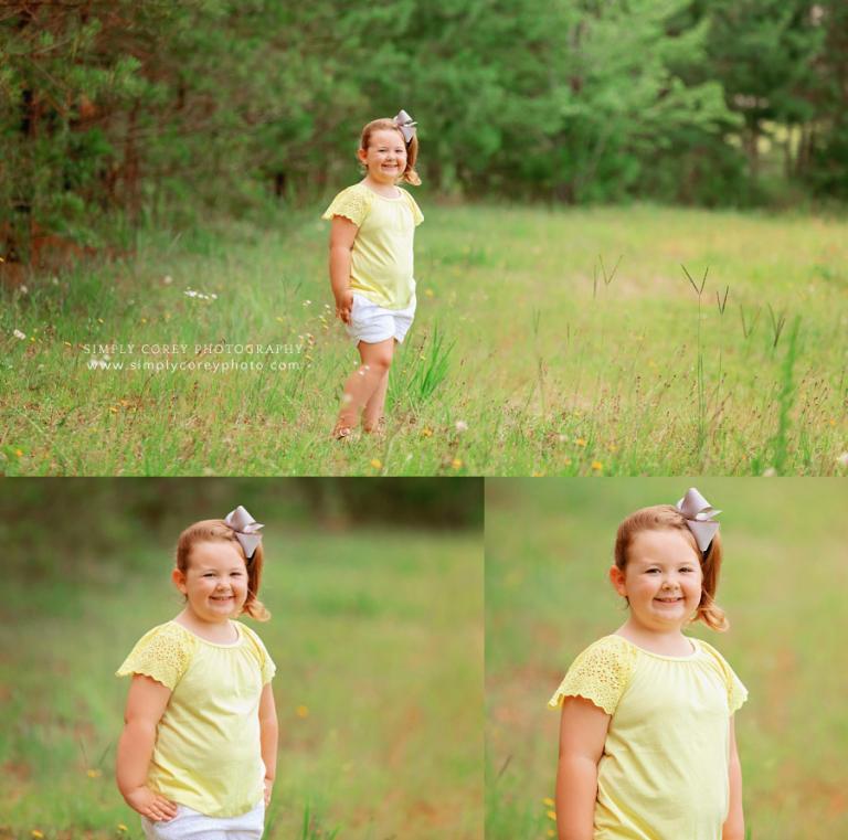 West Georgia children's photographer, girl in yellow outside in field