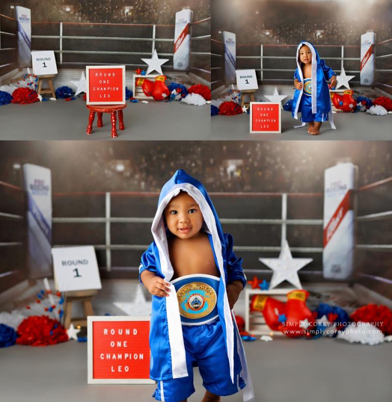 Newnan cake smash photographer, baby in boxing robe with letter board