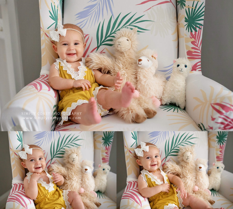 Douglasville lifestyle photographer, baby in a chair with alpaca stuffed animals