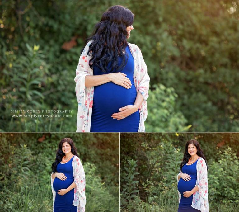 Douglasville maternity photographer, expecting mom in blue outside