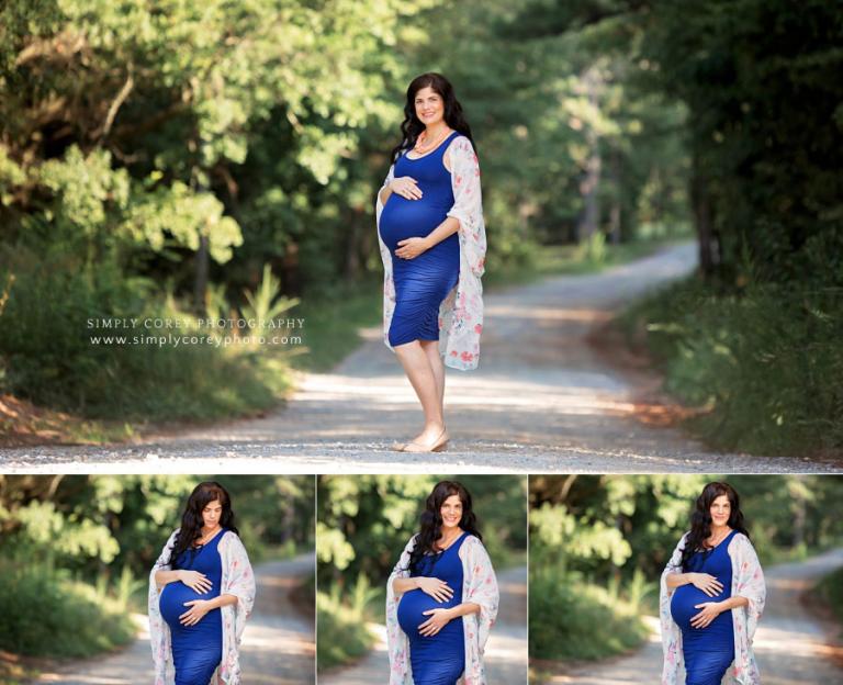 West Georgia maternity photographer, pregnant mom in kimono outside on country road