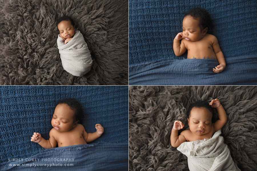 newborn photographer near Newnan, baby boy on blue blanket and brown fur