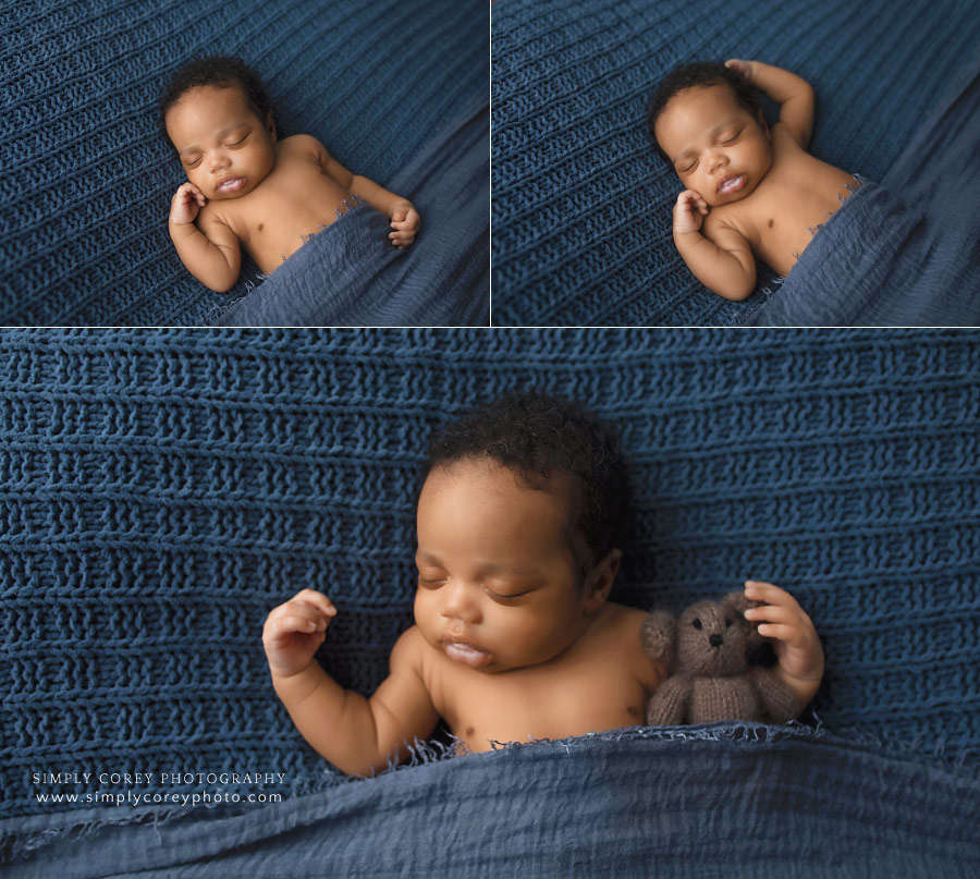 newborn photographer in West Georgia, baby boy sleeping on blue blanket with teddy bear