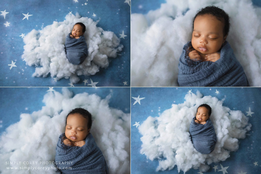 Peachtree City newborn photographer, baby boy on cloud with stars studio set
