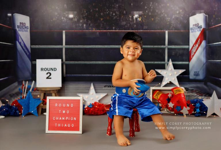 Douglasville baby photographer, toddler with boxing theme for second birthday