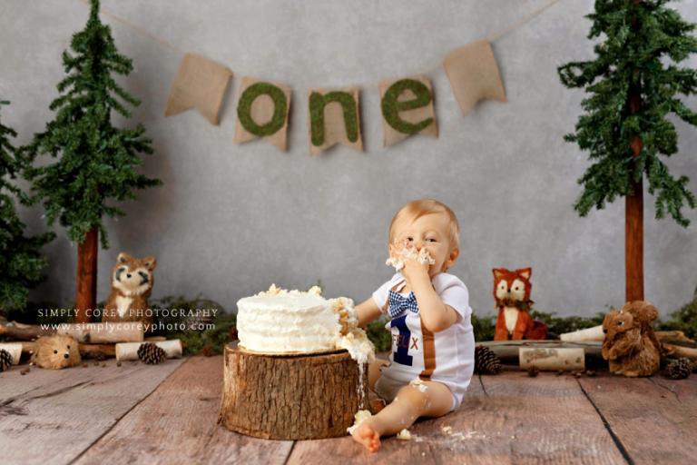 Atlanta baby photographer, cake smash session with woodland theme in studio