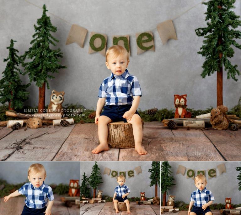 West Georgia baby photographer, cake smash with a woodland theme