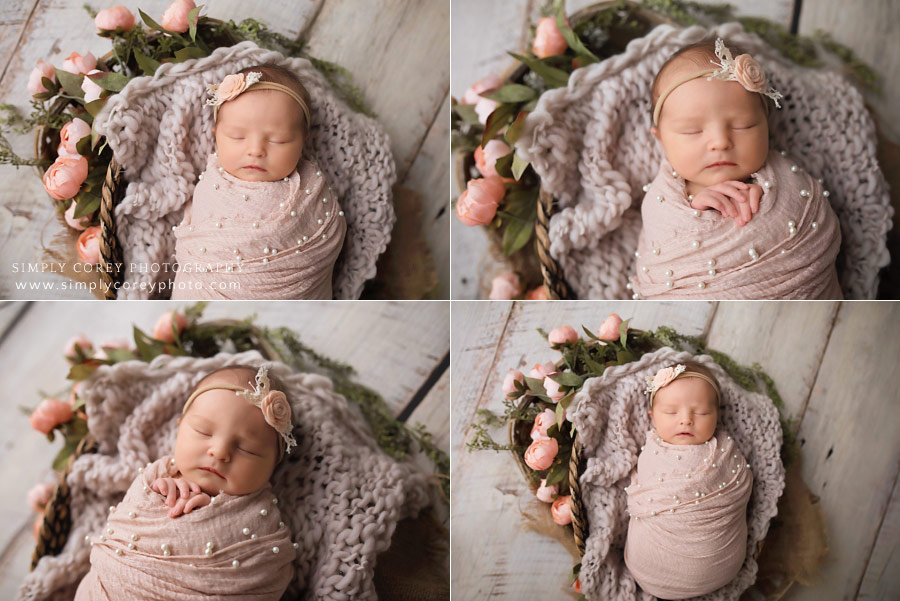 newborn photographer near Newnan, sleeping baby girl with peach flowers