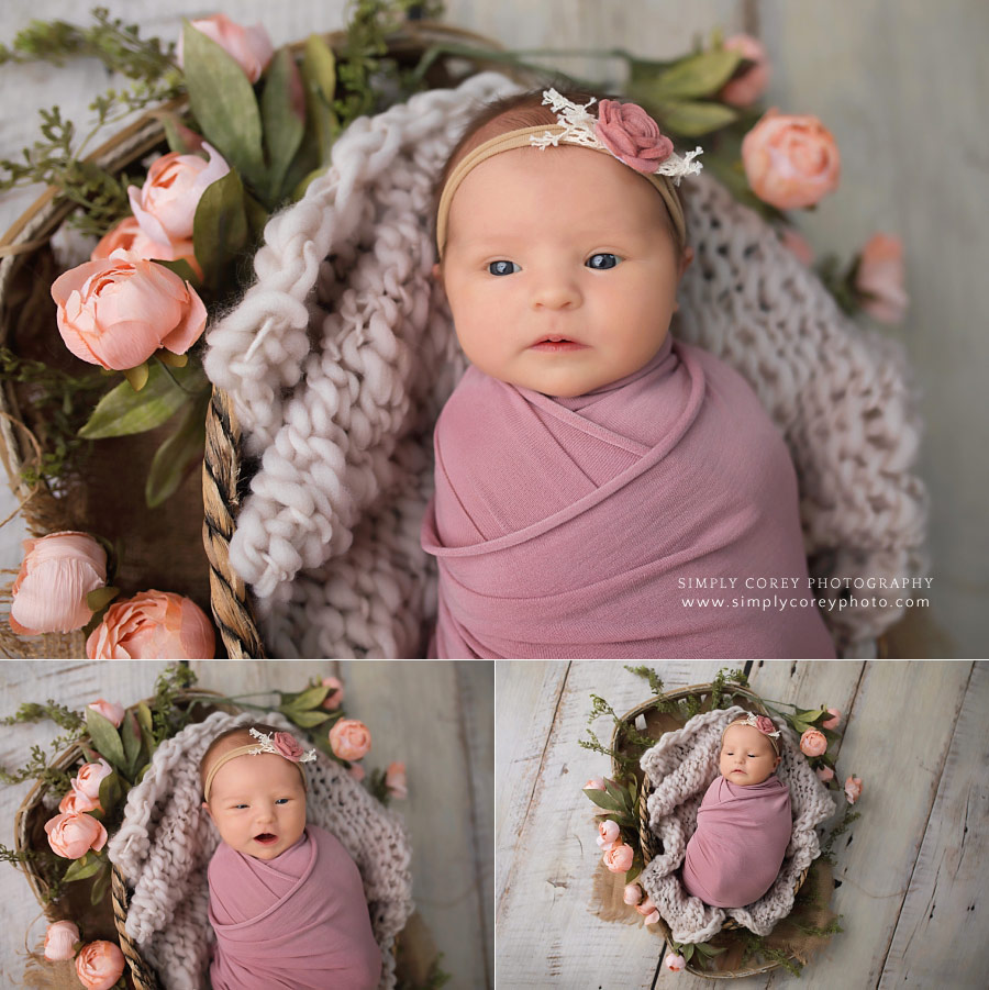 newborn photographer near Villa Rica, awake baby girl in pink