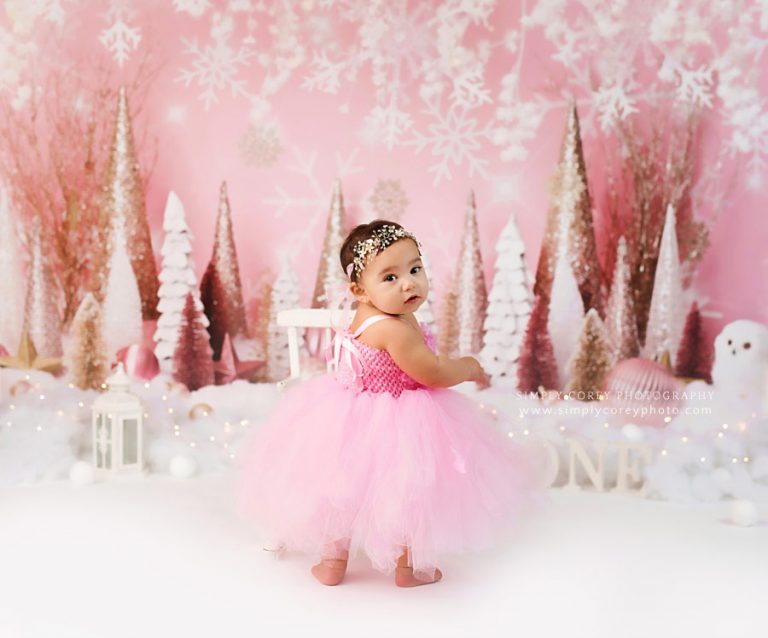 baby photographer near Newnan, pink winter onederland studio set
