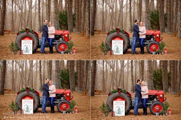 mini session photographer in West Georgia, couple with Christmas tractor outside