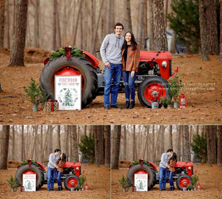 Villa Rica mini session photographer, holiday portraits of a couple by a Christmas tractor