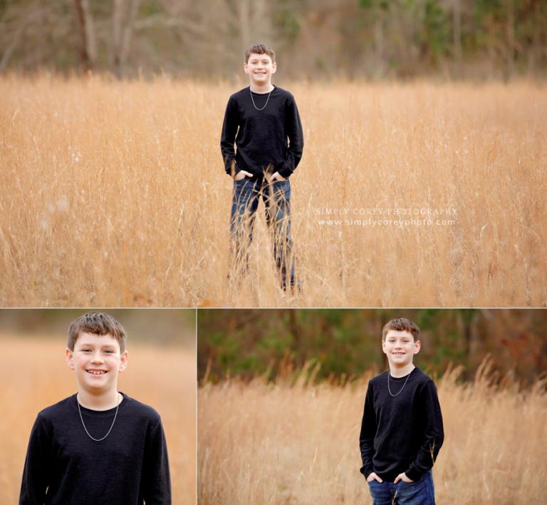 West Georgia child photographer, portraits of tween boy in field of tall grass