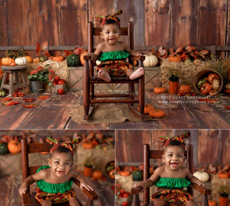 baby photographer near Dallas, Georgia; girl in rocking chair during fall studio session