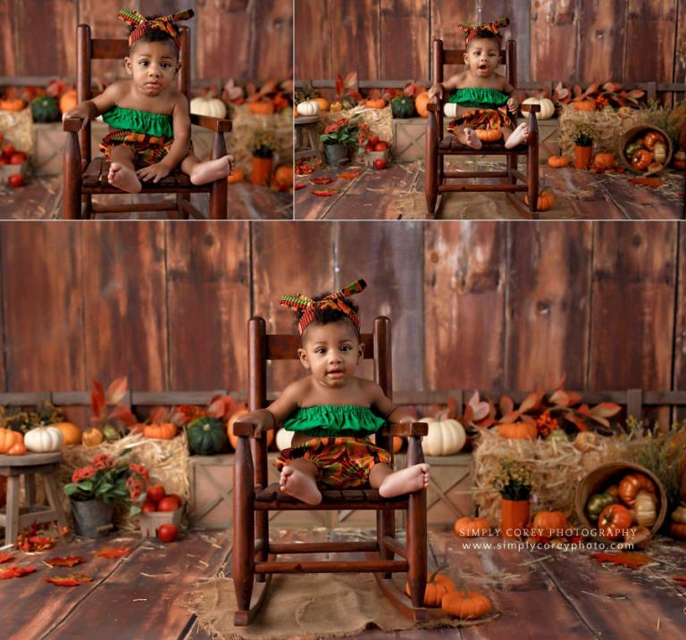 baby photographer near Hiram, fall theme studio milestone session for baby girl