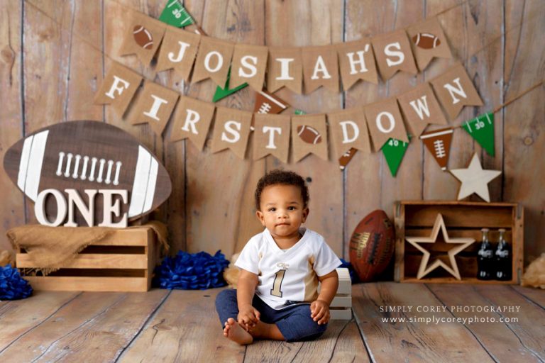 baby photographer near Carrollton, GA; one year milestone session with football