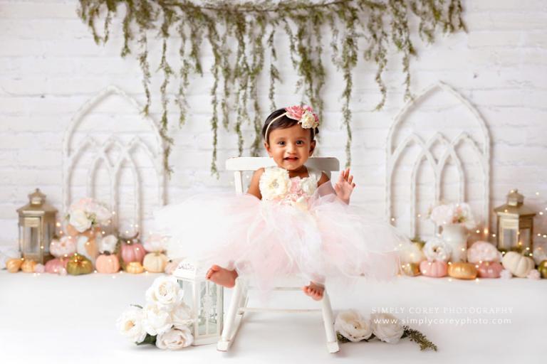Atlanta baby photographer, pink pumpkin studio set for fall