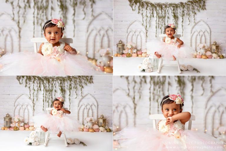 baby photographer near Dallas, GA; pink tulle dress with pumpkins