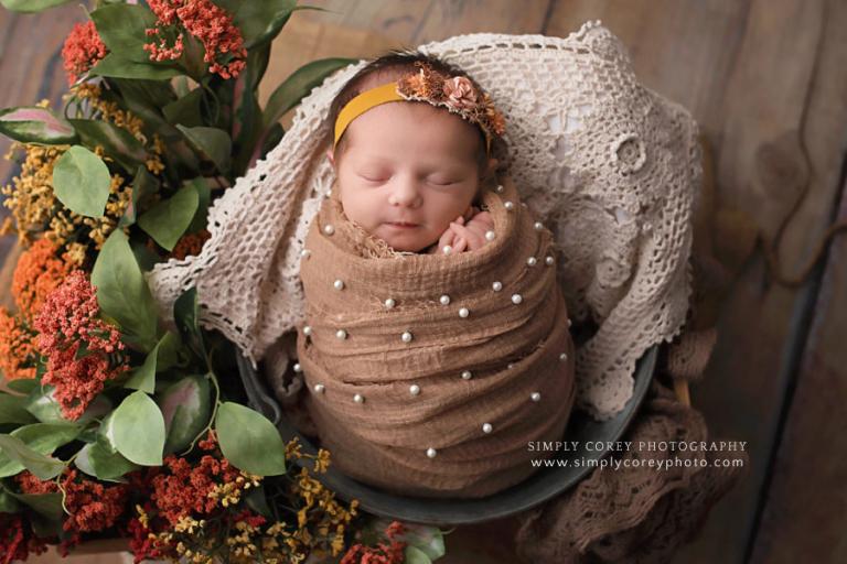 Newnan newborn photographer, baby girl in brown and orange for fall