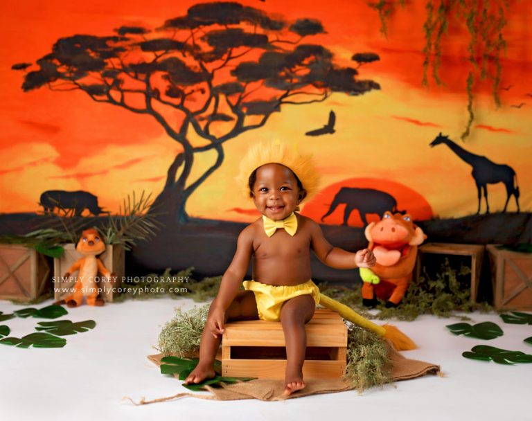 Atlanta baby photographer, one year studio session with lion king theme