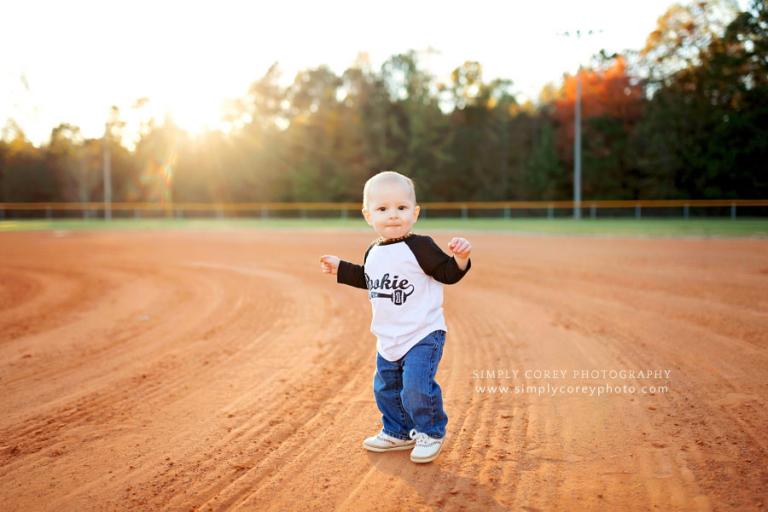 Atlanta baby photographer, one year milestone session on baseball diamond