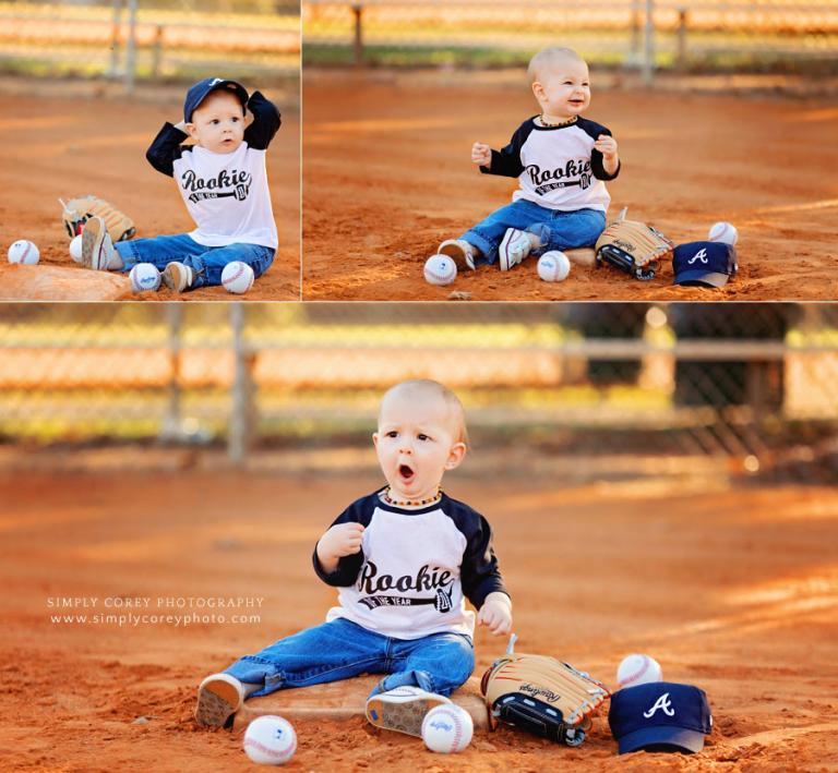 baby photographer in West Georgia, one year old on home plate at baseball field