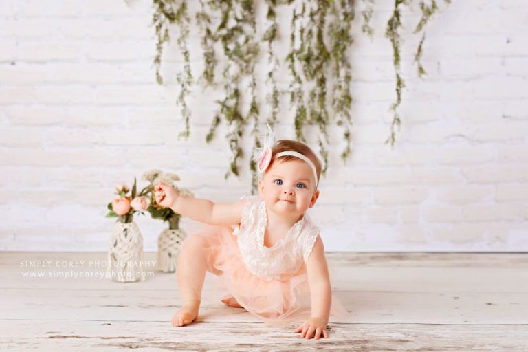baby photographer near Atlanta, white brick floral studio set for one year session