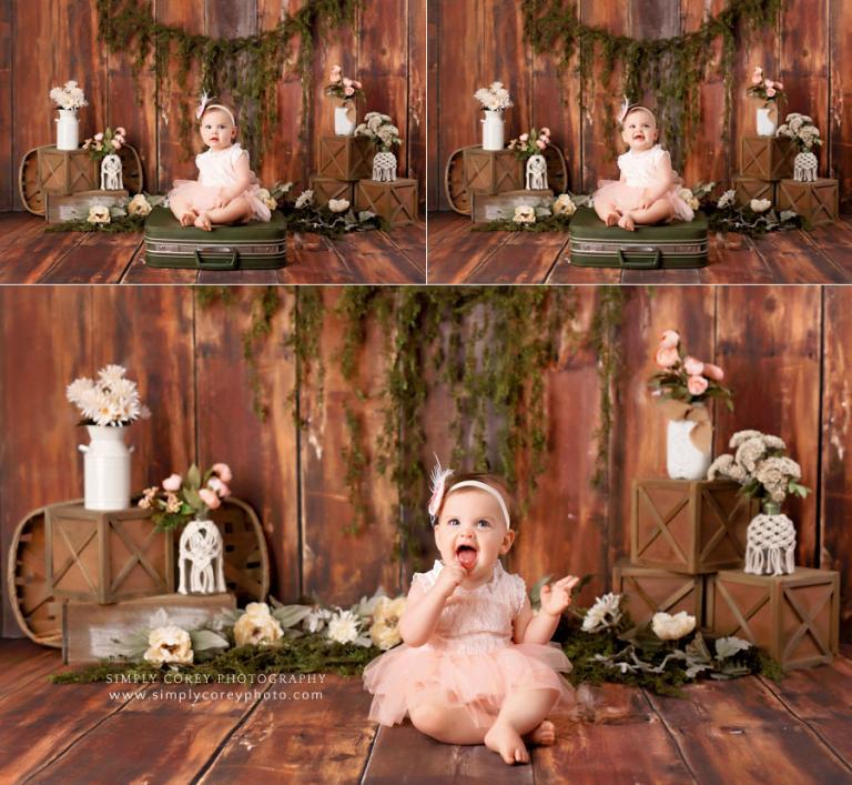 Newnan baby photographer, rustic floral studio session for one year old