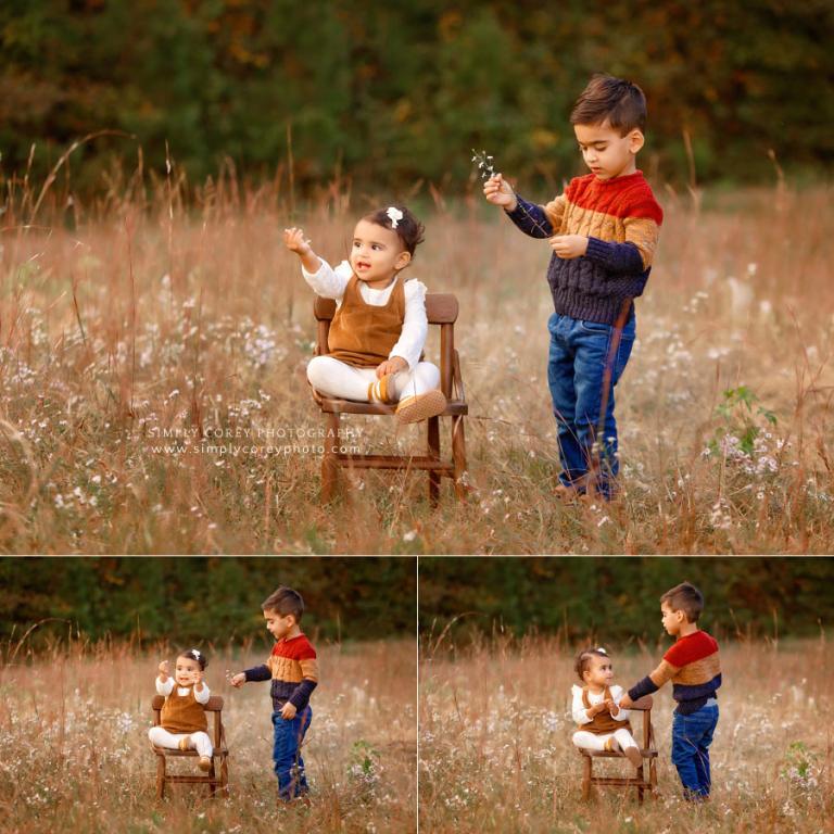 Bremen family photographer, fall portraits of siblings outside in field