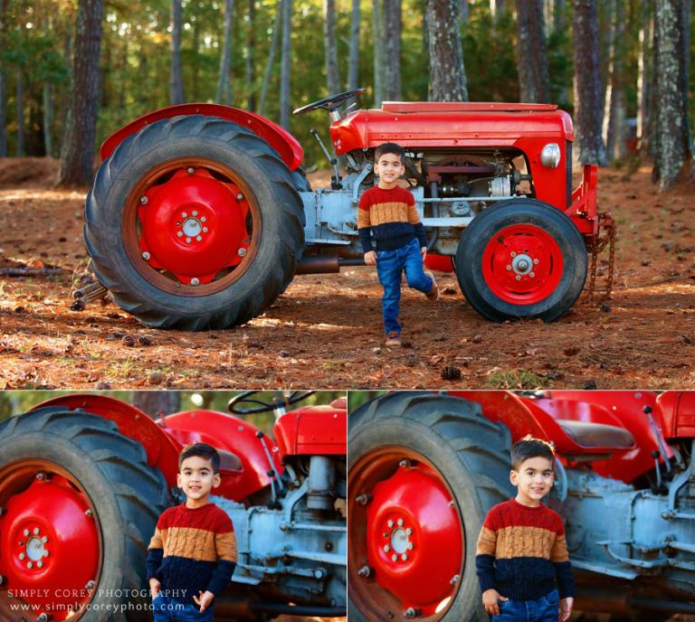 Douglasville photographer, fall portraits of child with a red tractor