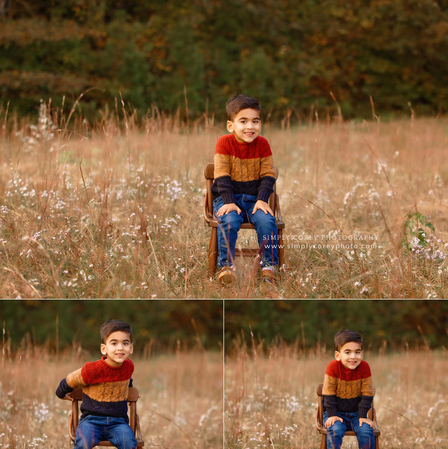 family photographer near Dallas, GA; child in chair outside in field