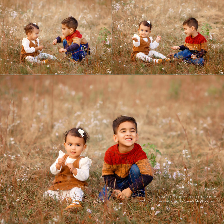 Hiram family photographer, fall portraits of children sitting in field