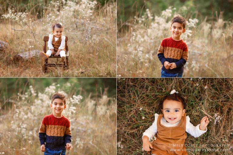 Villa Rica kids photographer, siblings outside in field for family portrait session