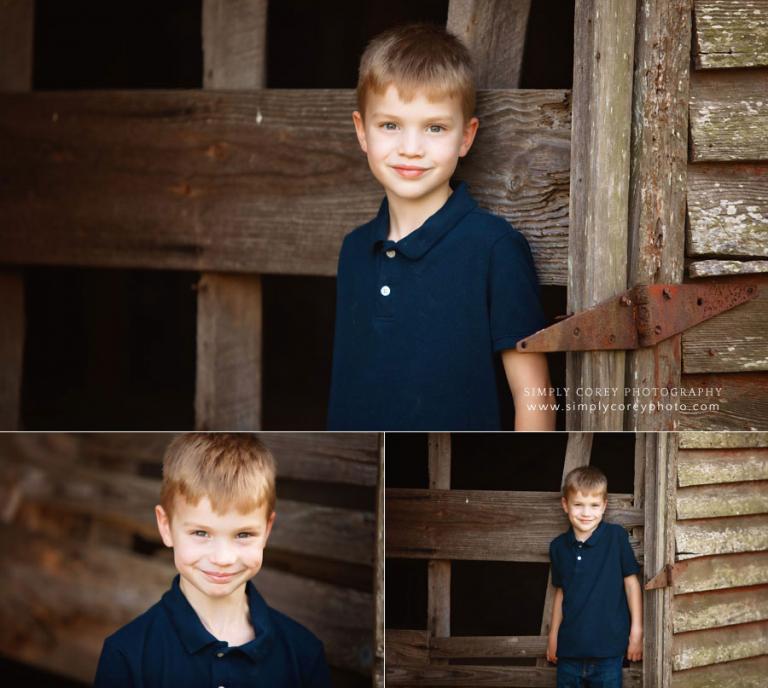 Atlanta children's photographer, portraits of a child outside in old barn