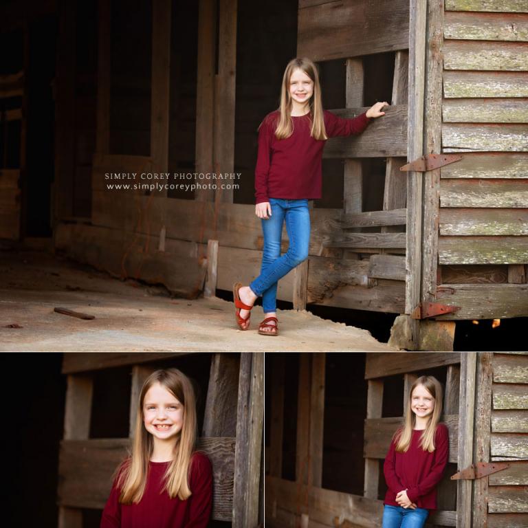 children's photographer near Peachtree City, child outside in old barn
