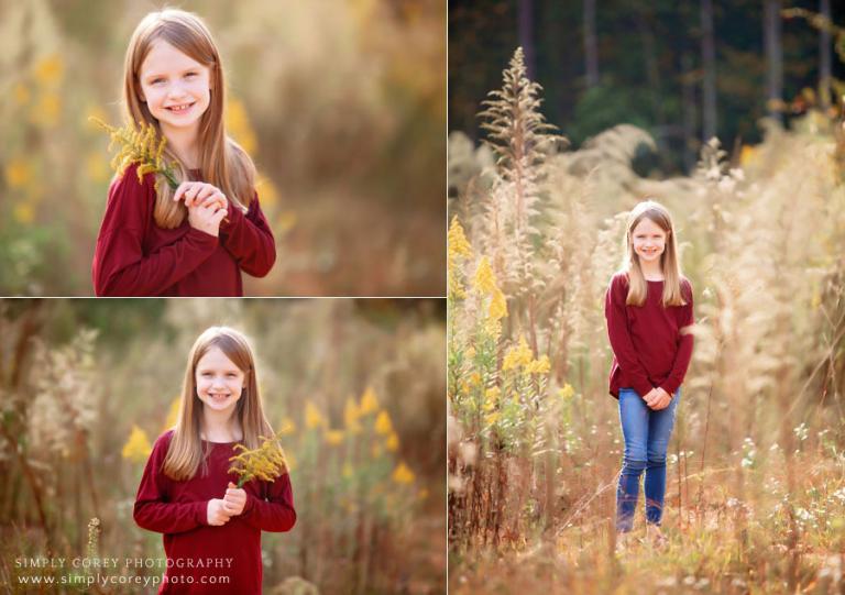 Douglasville kids photographer, child outside in field with yellow flowers
