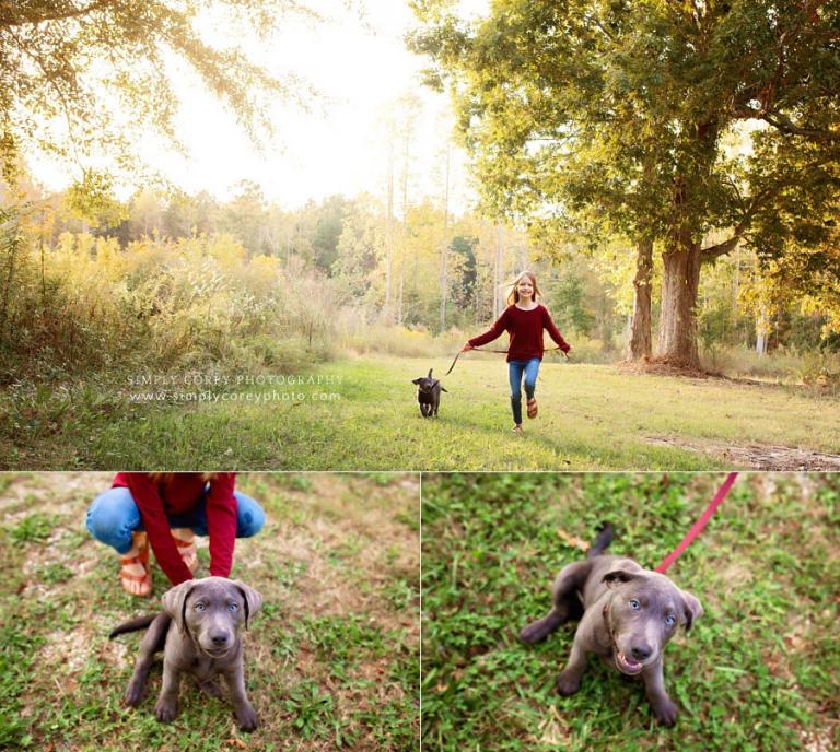 Newnan family photographer, child outside walking pet puppy