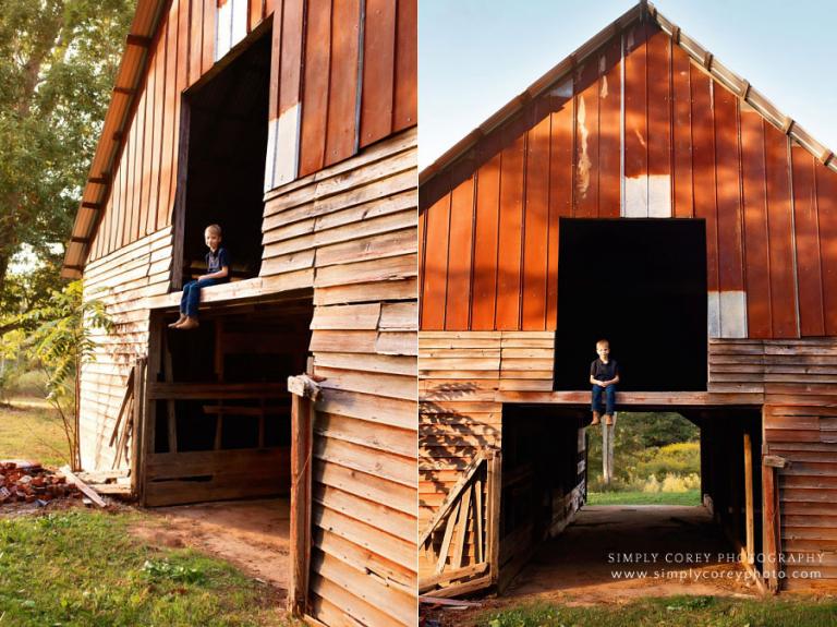 Villa Rica family photographer, child sitting in loft of old barn