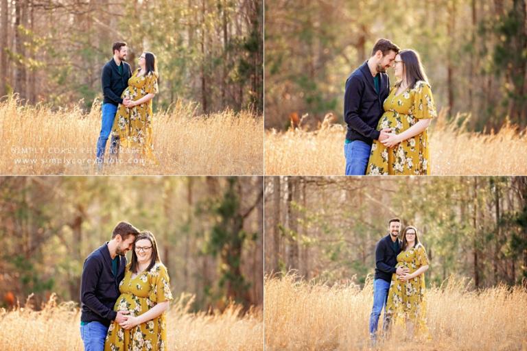 maternity photographer near Carrollton, GA; couple outside in field in February
