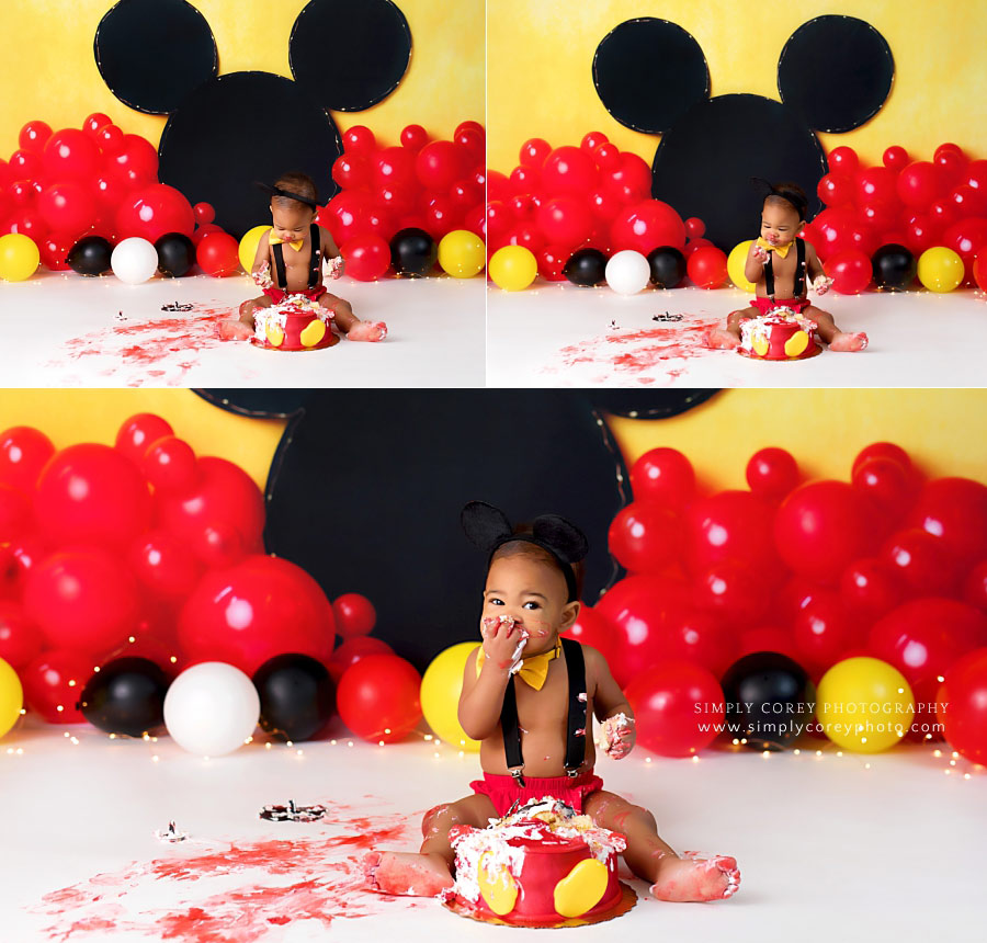 Atlanta baby photographer, Mickey studio cake smash with balloons