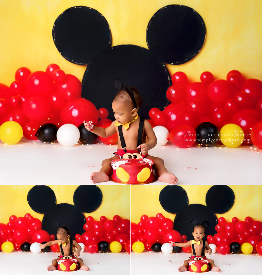 cake smash photographer near Dallas, GA; baby boy with Mickey theme