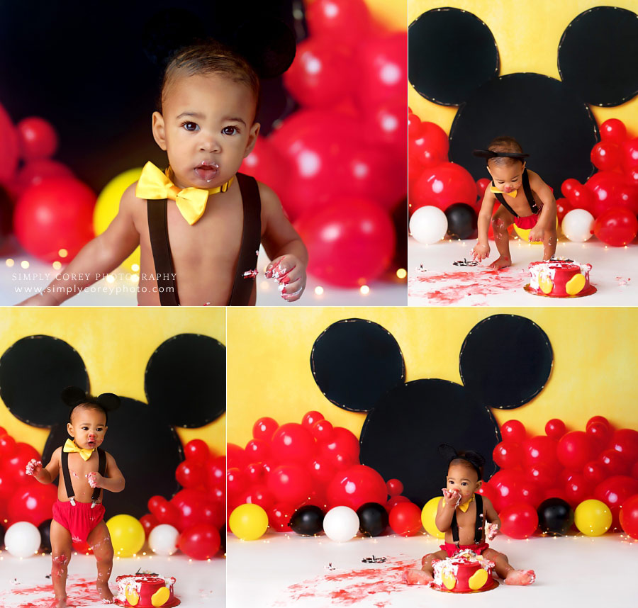 cake smash photographer near Douglasville, baby smashing Mickey cake