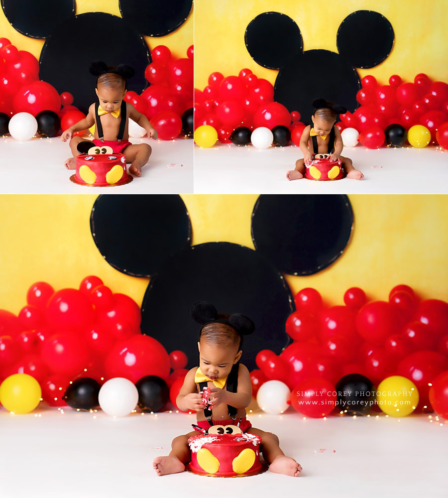 cake smash photographer near Newnan, Mickey studio theme with balloons