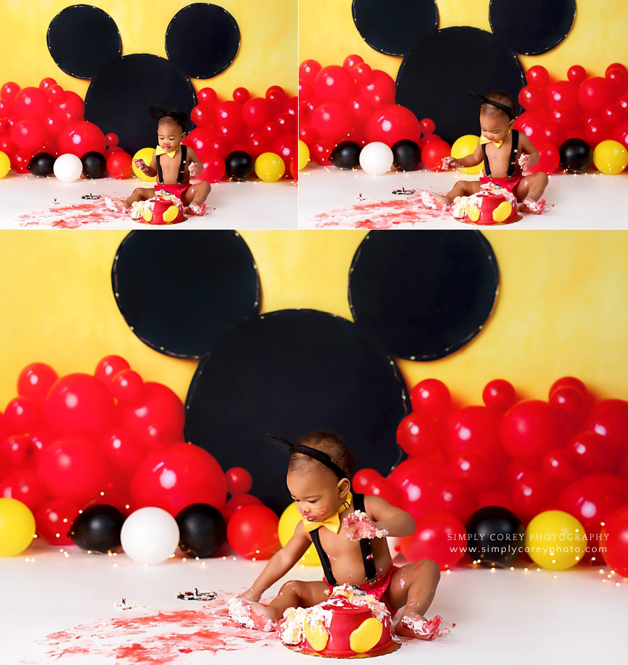 cake smash photographer near Peachtree City, baby boy playing with cake in studio