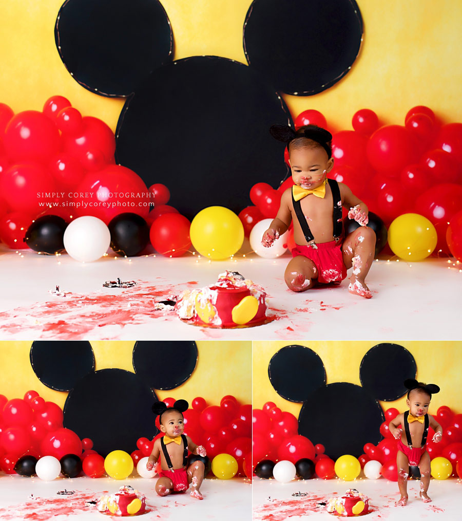 Carrollton baby photographer, messy boy during Mickey cake smash session