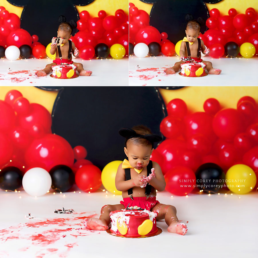 Carrollton cake smash photographer, baby boy smashing Mickey cake