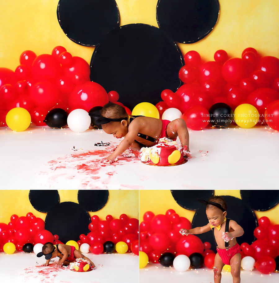 Douglasville baby photographer, messy Mickey cake smash in studio