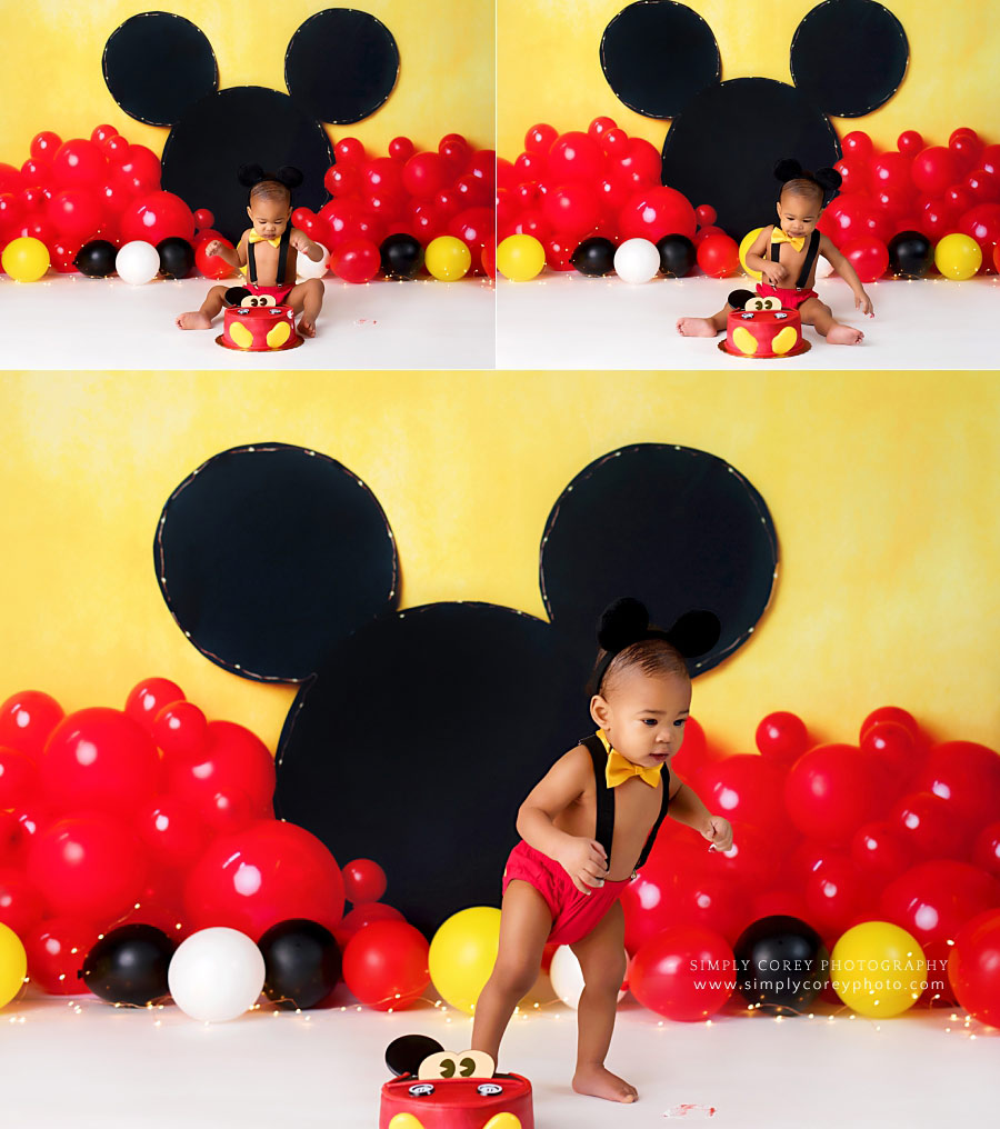 Douglasville cake smash photographer; black, yellow, red Mickey set